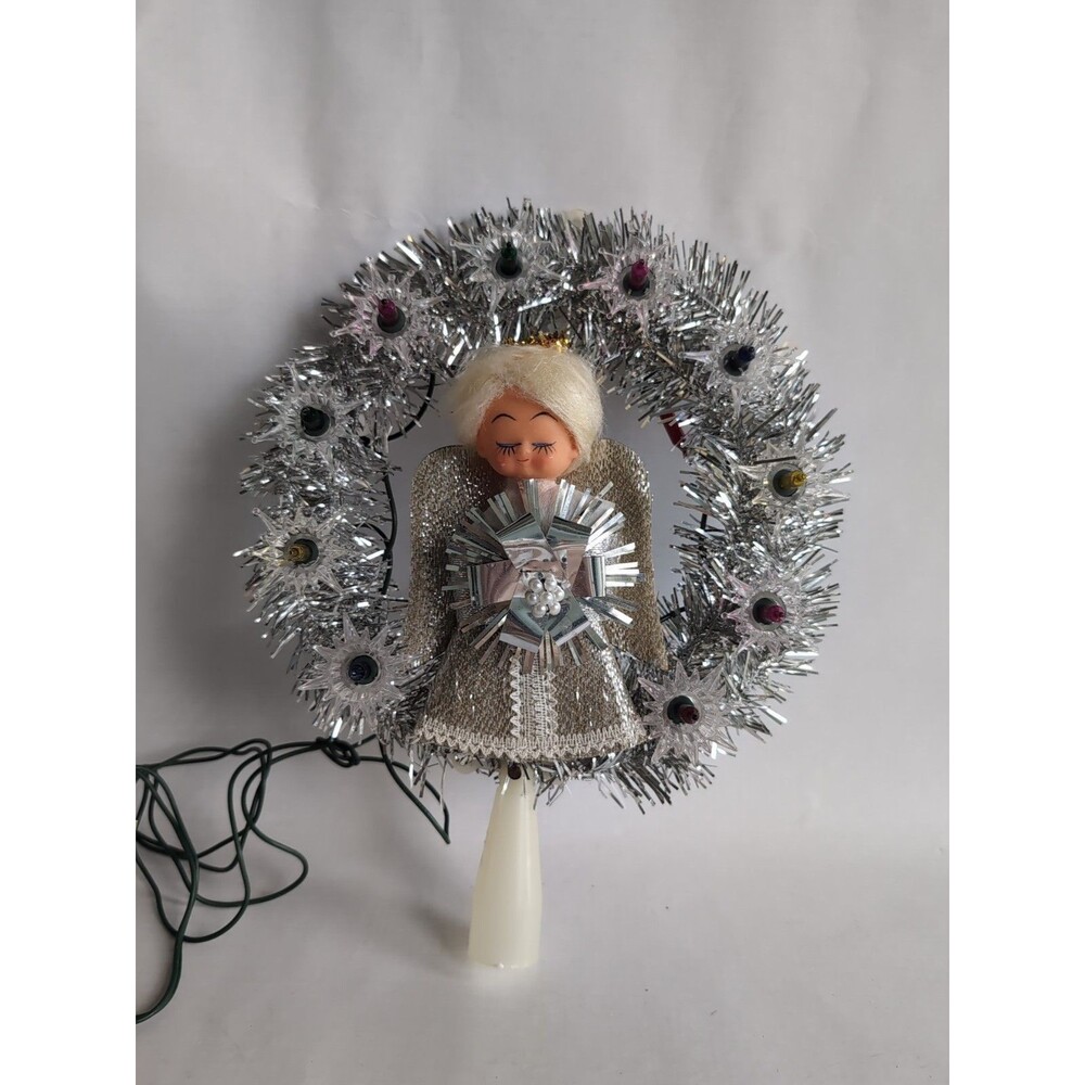 Vintage Christmas Tree Topper Pixie Angel MCM Silver Tinsel Twinkle Wreath Light